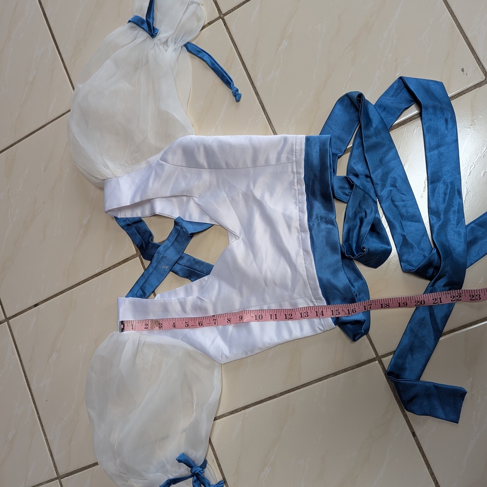 White and Blue Satin Ribbon Crop Top with Puff Sleeves